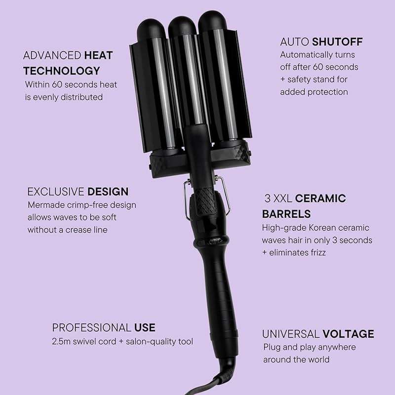 Mermade PRO Hair Waver 1.25" - 3 Barrel Curling Iron 1 1/4 Inch, Ceramic Barrel Waver for Thick, Thin, Long, or Short Hair - Black - Image 2