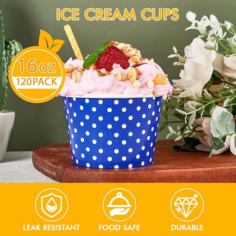 LITOPAK 120 Pack 16 oz Ice Cream Cups, Disposable Dessert Cups for Cold or Hot Food, Coloured Paper Dessert Bowls for Soups, Sundaes, and Ice Cream - Image 3
