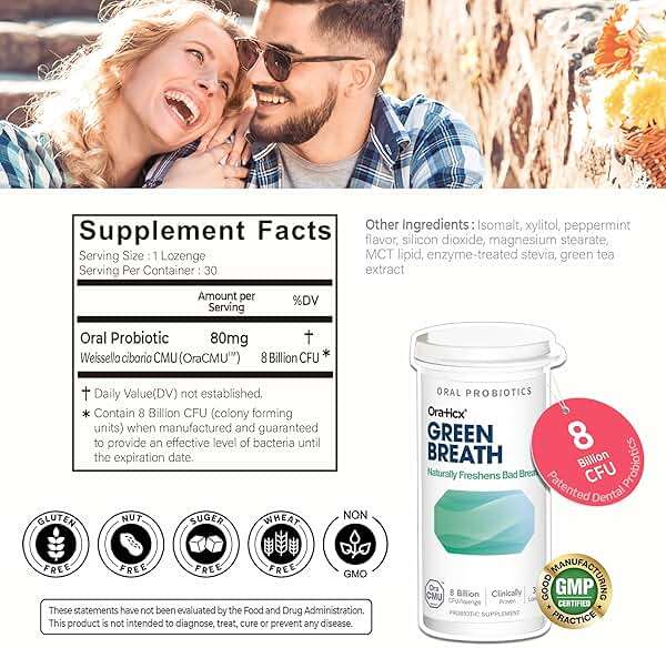 OraTicx Green Breath Oral Care Probiotics, Naturally Support Freshens Bad Breath & Healthy Mouth, Dental Probiotic Supplement 8 Billion CFU, Mint Flavor 30 Lozenges 1-PK - Image 8