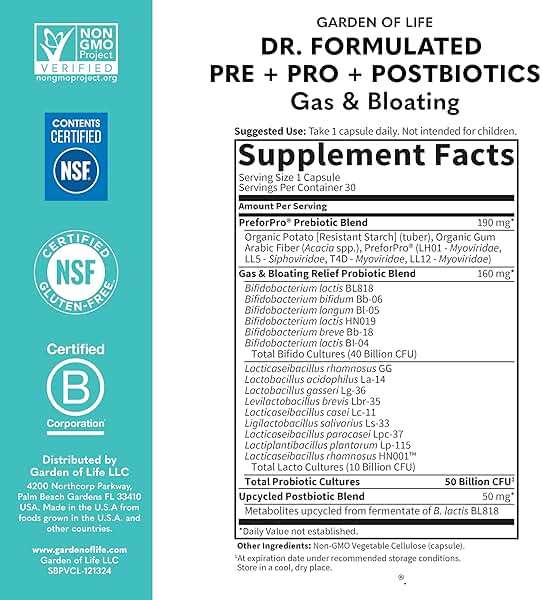 Garden of Life Dr. Formulated Pre, Post & Probiotics Gas & Bloating Once Daily 3-in-1 Complete Prebiotics, Postbiotics & Probiotics – 50 Billion CFU, Non-GMO, Gluten-Free, 30 Day Supply - Image 7