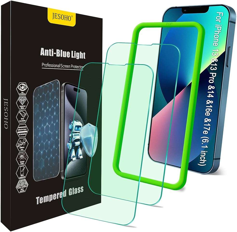 JESOHO Blue Light Screen Protector for iPhone 13/13 Pro/14/16e/17e (6.1inch), Eye Protection Tempered Glass Film, Scratch-Resistant, No Bubble with Easy Installation Kit, 2 Pack - Image 1