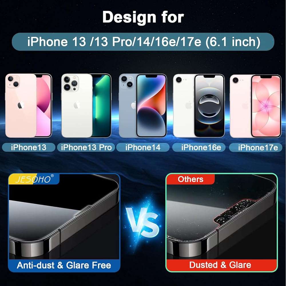 JESOHO Blue Light Screen Protector for iPhone 13/13 Pro/14/16e/17e (6.1inch), Eye Protection Tempered Glass Film, Scratch-Resistant, No Bubble with Easy Installation Kit, 2 Pack - Image 2
