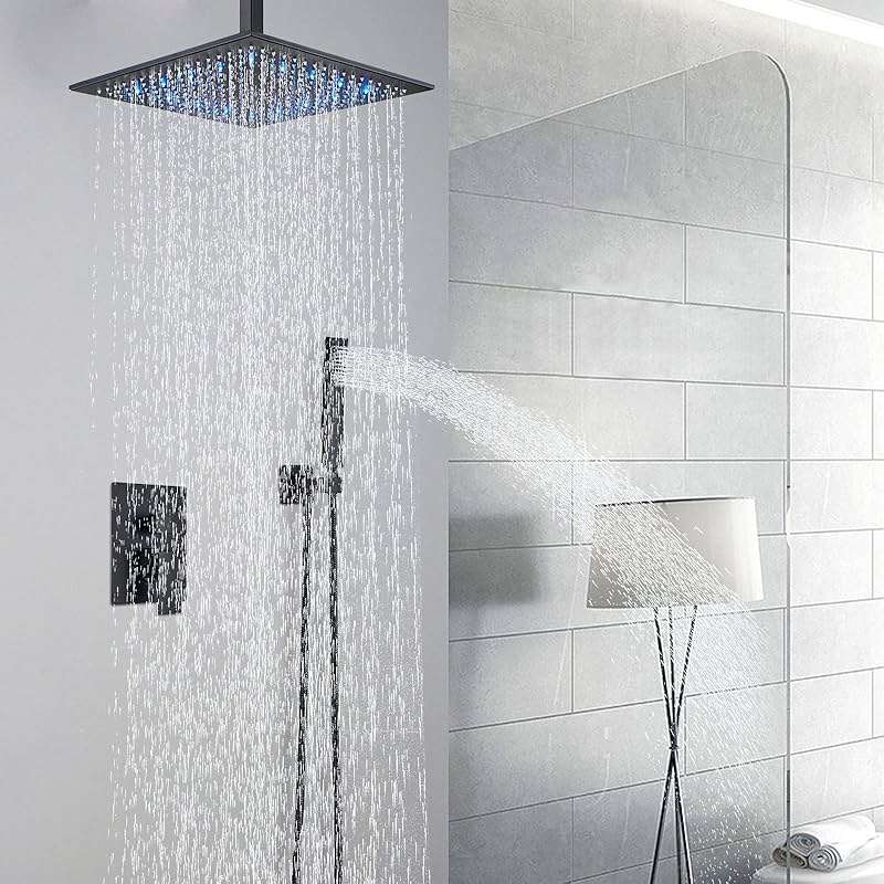 12 Inches Ceiling Mount Shower Faucets Sets Complete Shower System LED Rainfall Shower Head System Rough-in Valve Body and Trim Included Matte Black… - Image 2