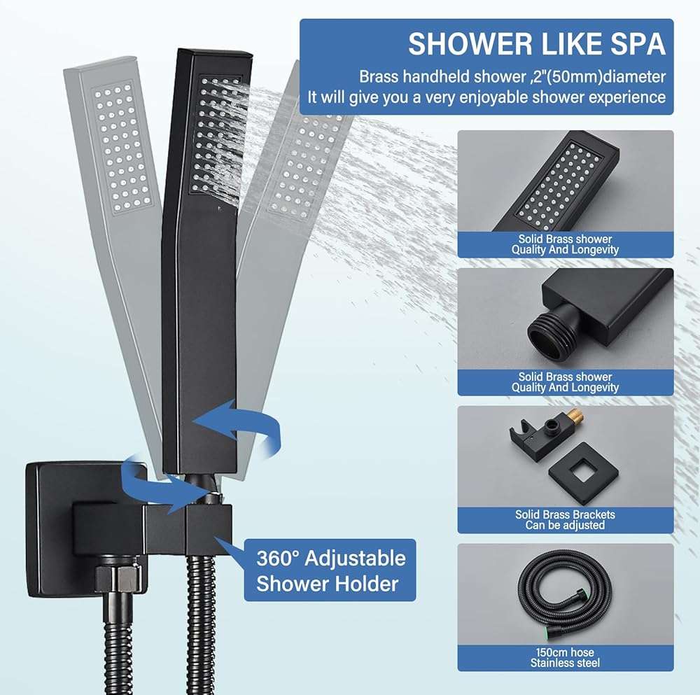 12 Inches Ceiling Mount Shower Faucets Sets Complete Shower System LED Rainfall Shower Head System Rough-in Valve Body and Trim Included Matte Black… - Image 4