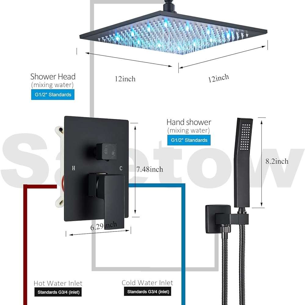 12 Inches Ceiling Mount Shower Faucets Sets Complete Shower System LED Rainfall Shower Head System Rough-in Valve Body and Trim Included Matte Black… - Image 7