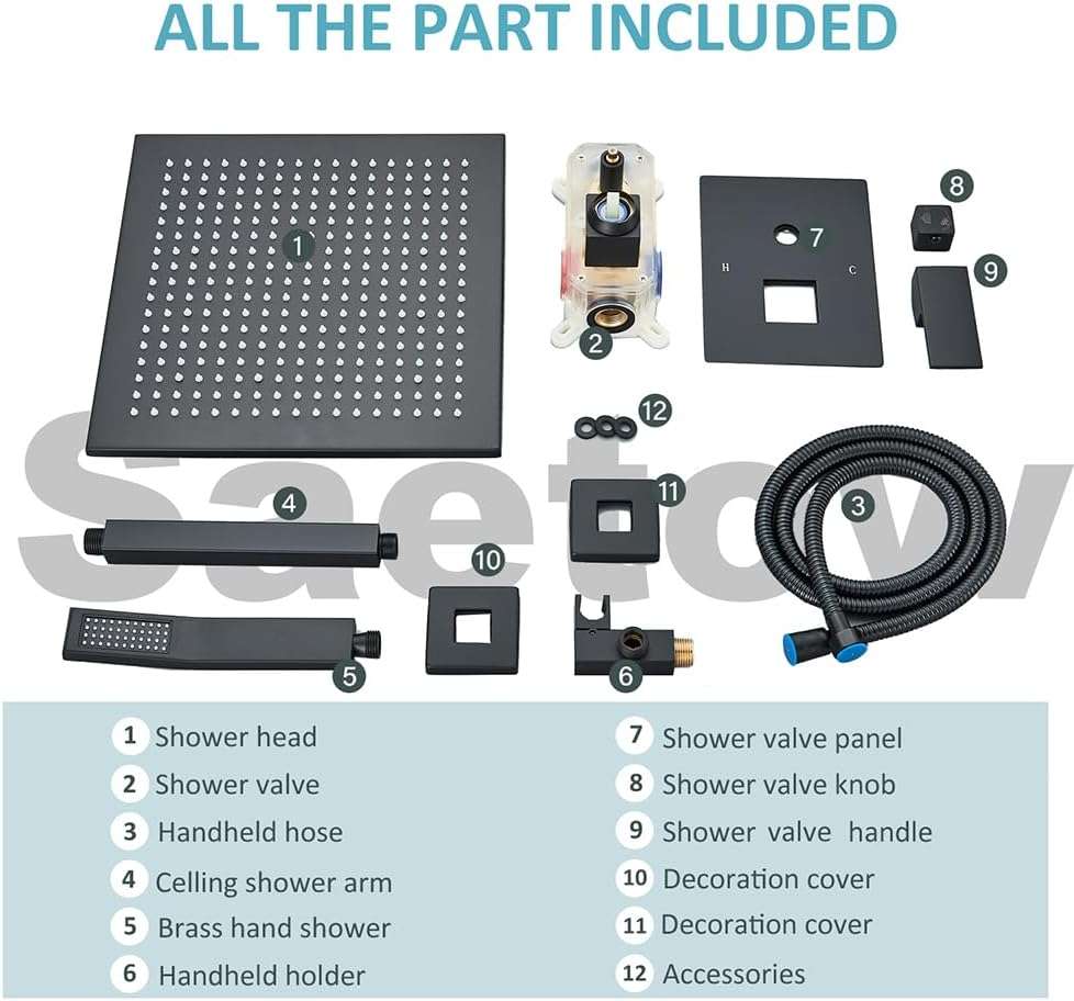 12 Inches Ceiling Mount Shower Faucets Sets Complete Shower System LED Rainfall Shower Head System Rough-in Valve Body and Trim Included Matte Black… - Image 8