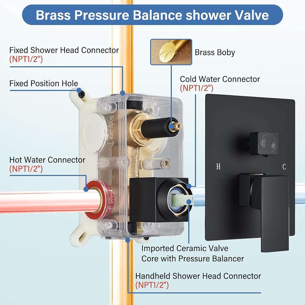 12 Inches Ceiling Mount Shower Faucets Sets Complete Shower System LED Rainfall Shower Head System Rough-in Valve Body and Trim Included Matte Black… - Image 9
