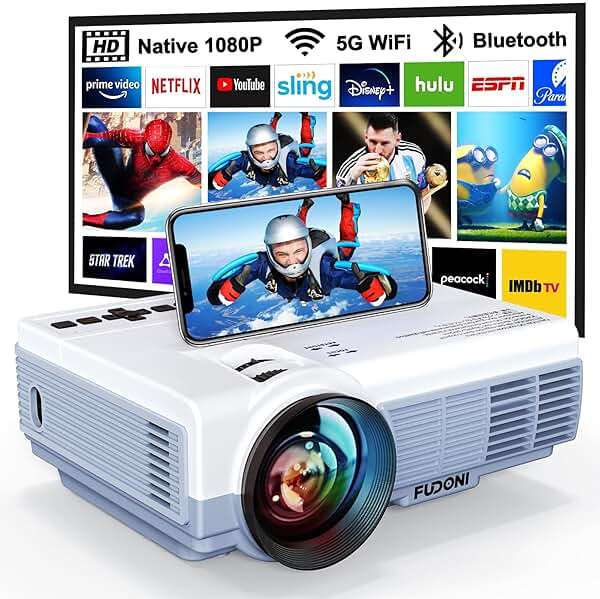 FUDONI Projector with 5G WiFi & Bluetooth, Native 1080P 18000L Portable Movie Projector for Home Theater Outdoor, Built-in Speaker, Compatible with HDMI, USB, AV, Fire Stick, Laptop, iOS, Android, PS5 - Image 1