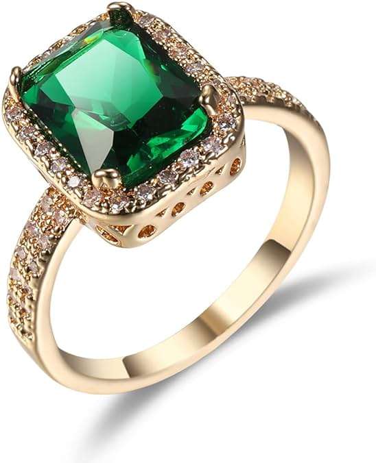 DCFSHEE Women's Classic Yellow Gold Plated Green Simulated Emerald Cocktail Solitaire Rings, Engagement Ring with Emerald Cut Gemstones CZ Birthstone Jewelery - Image 1