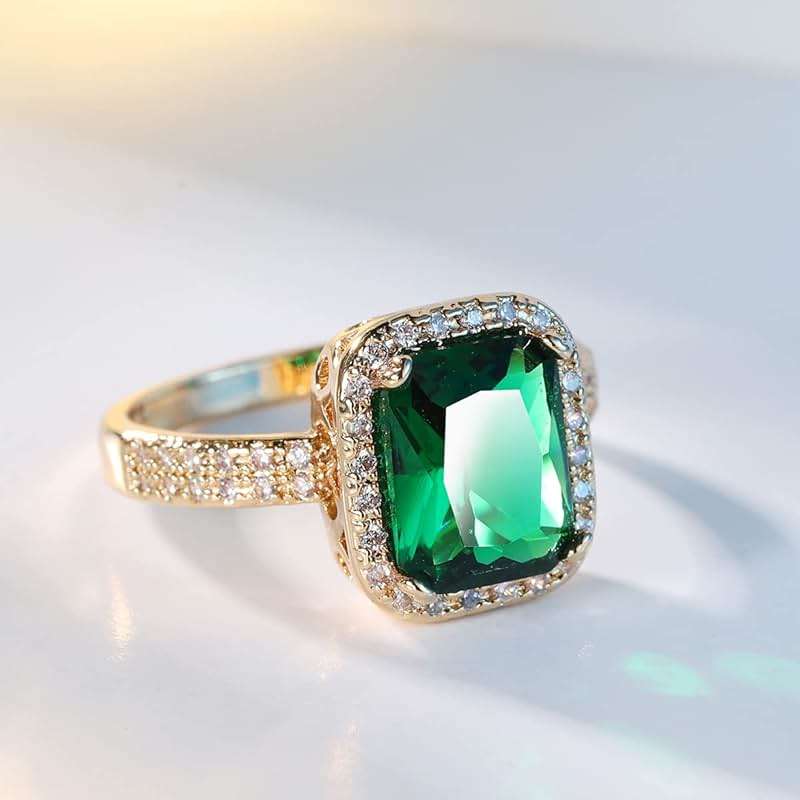 DCFSHEE Women's Classic Yellow Gold Plated Green Simulated Emerald Cocktail Solitaire Rings, Engagement Ring with Emerald Cut Gemstones CZ Birthstone Jewelery - Image 2