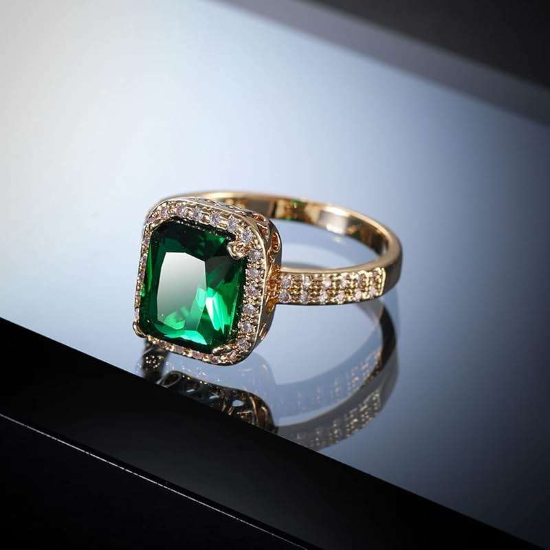DCFSHEE Women's Classic Yellow Gold Plated Green Simulated Emerald Cocktail Solitaire Rings, Engagement Ring with Emerald Cut Gemstones CZ Birthstone Jewelery - Image 3