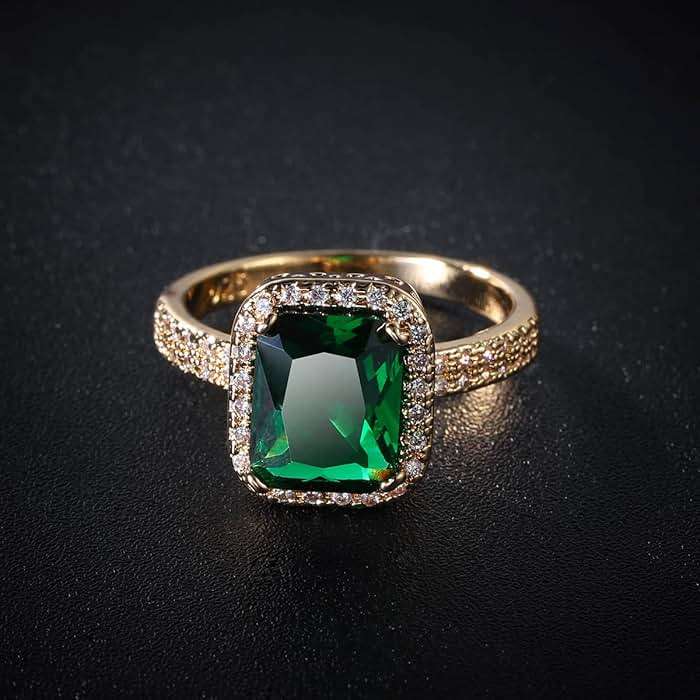 DCFSHEE Women's Classic Yellow Gold Plated Green Simulated Emerald Cocktail Solitaire Rings, Engagement Ring with Emerald Cut Gemstones CZ Birthstone Jewelery - Image 4