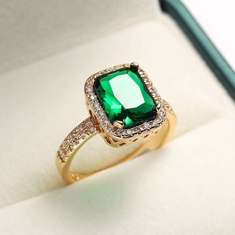 DCFSHEE Women's Classic Yellow Gold Plated Green Simulated Emerald Cocktail Solitaire Rings, Engagement Ring with Emerald Cut Gemstones CZ Birthstone Jewelery - Image 5