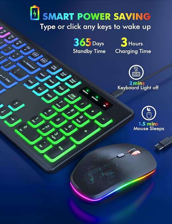 Wireless Keyboard and Mouse Combo, RGB Backlit, Rechargeable & Light Up Letters, Full-Size, Soft Typing, Sleep Mode, 2.4GHz Quiet Keyboard Set for Mac, Windows, Laptop, PC, Trueque KM42Pro (Black) - Image 3