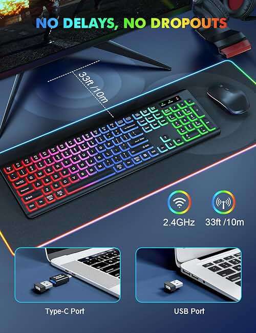 Wireless Keyboard and Mouse Combo - RGB Backlit, Rechargeable & Light Up Letters, Full-Size, Ergonomic Tilt Angle, Sleep Mode, 2.4GHz Quiet Keyboard Mouse for Mac, Windows, Laptop, PC - Image 4