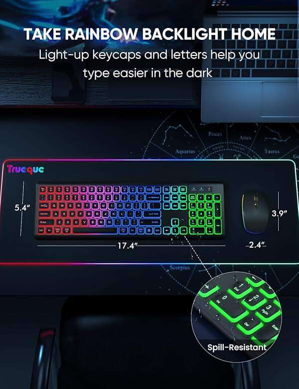 Wireless Keyboard and Mouse Combo - RGB Backlit, Rechargeable & Light Up Letters, Full-Size, Ergonomic Tilt Angle, Sleep Mode, 2.4GHz Quiet Keyboard Mouse for Mac, Windows, Laptop, PC - Image 7