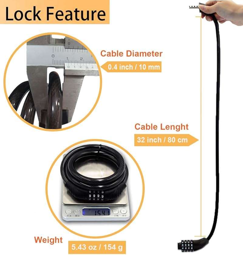 Jokmae Long Coiled Security Resettable Combination Bike Cable 4 Digit Lock, Anti-Theft Accessories for Mountain and Road Bike, Electric Bicycle, Scooter, 32 inch - Image 3
