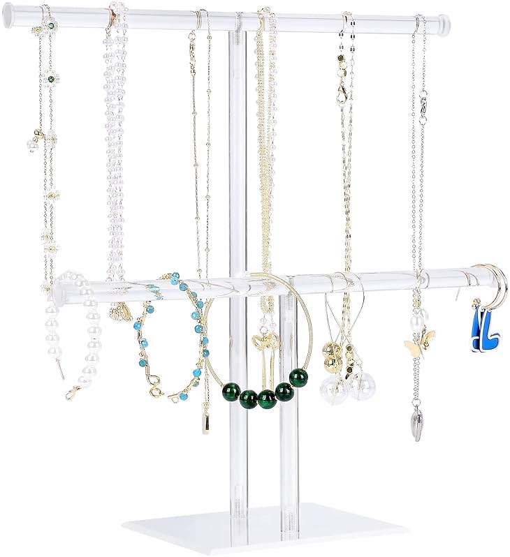 Jewelry Stand Necklace Holder, Acrylic Jewelry Display Holder, Necklace and Bracelet Hanging Organizer, Clear 2-Tier Tower Stand for Bangles, Necklaces, Bracelets, Rings, Earrings and Watch - Image 1