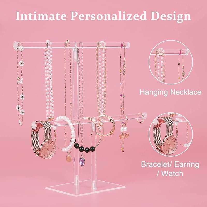 Jewelry Stand Necklace Holder, Acrylic Jewelry Display Holder, Necklace and Bracelet Hanging Organizer, Clear 2-Tier Tower Stand for Bangles, Necklaces, Bracelets, Rings, Earrings and Watch - Image 3
