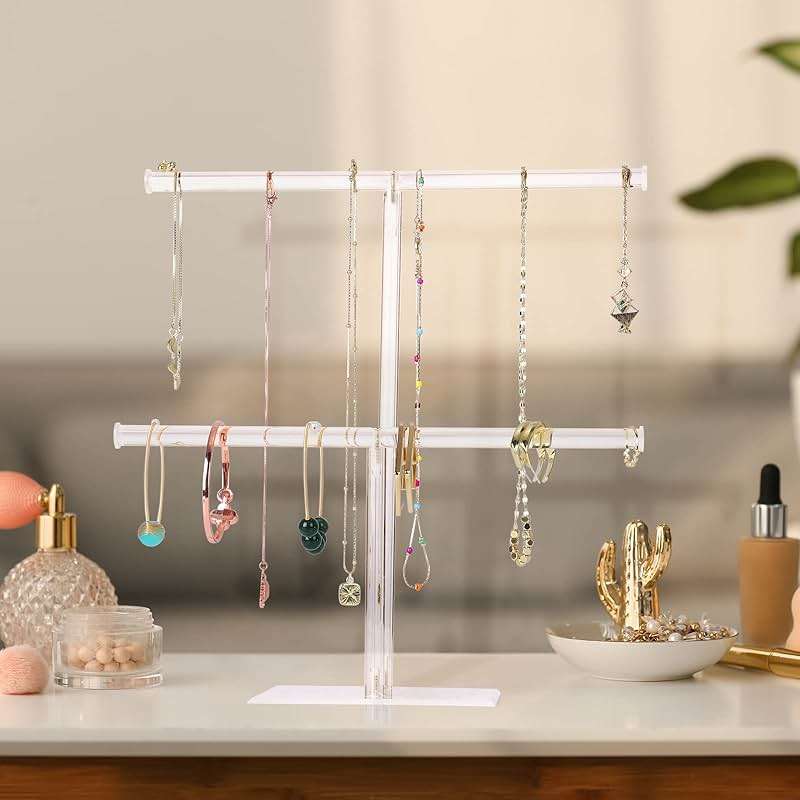 Jewelry Stand Necklace Holder, Acrylic Jewelry Display Holder, Necklace and Bracelet Hanging Organizer, Clear 2-Tier Tower Stand for Bangles, Necklaces, Bracelets, Rings, Earrings and Watch - Image 4