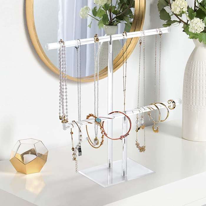 Jewelry Stand Necklace Holder, Acrylic Jewelry Display Holder, Necklace and Bracelet Hanging Organizer, Clear 2-Tier Tower Stand for Bangles, Necklaces, Bracelets, Rings, Earrings and Watch - Image 5