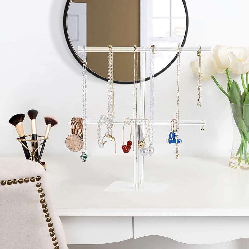 Jewelry Stand Necklace Holder, Acrylic Jewelry Display Holder, Necklace and Bracelet Hanging Organizer, Clear 2-Tier Tower Stand for Bangles, Necklaces, Bracelets, Rings, Earrings and Watch - Image 6