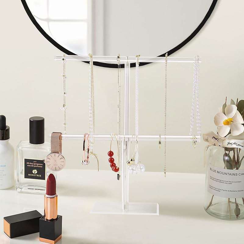 Jewelry Stand Necklace Holder, Acrylic Jewelry Display Holder, Necklace and Bracelet Hanging Organizer, Clear 2-Tier Tower Stand for Bangles, Necklaces, Bracelets, Rings, Earrings and Watch - Image 7
