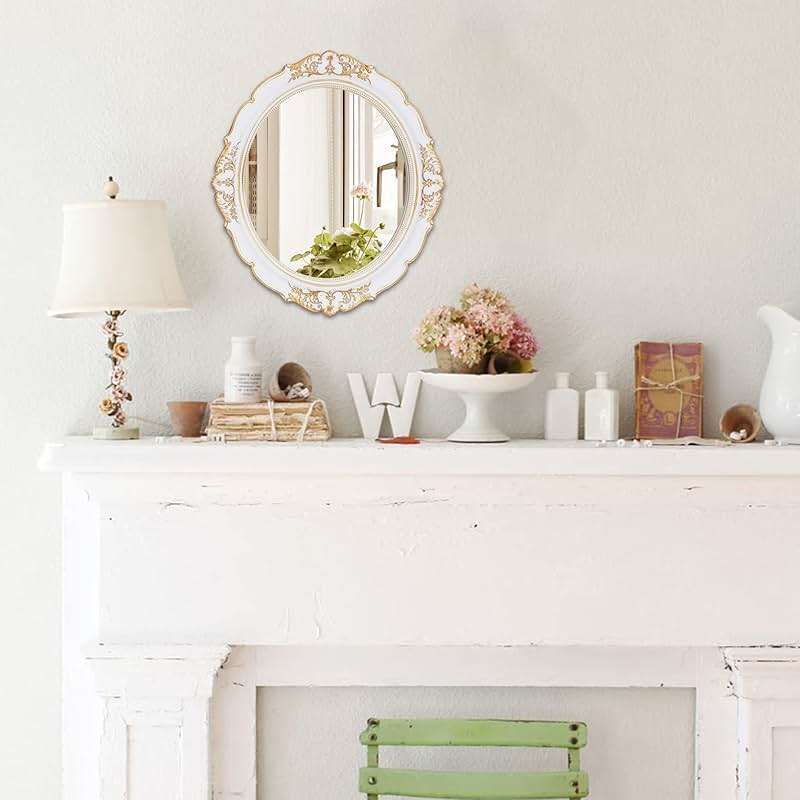 Eaoundm 13.1 x 14.8 inchs Decorative Wall Mirror,Vintage Hanging Mirrors for Bedroom Living-Room Dresser Decor Oval (White) - Image 2