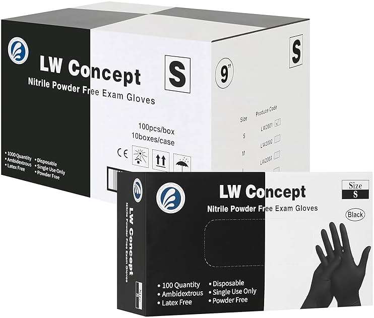 LW Concept Disposable Nitrile Gloves, Chemical Resistant, Powder-Free, Latex-Free, Non-Sterile, Food Safe, 5 Mil, Black, 1000-Count (Small) - Image 1