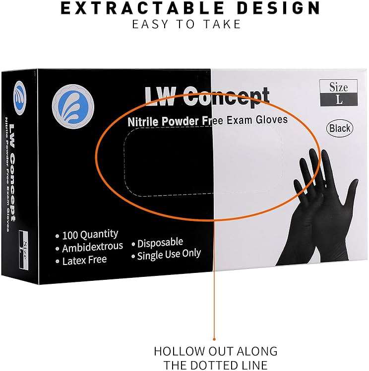 LW Concept Disposable Nitrile Gloves, Chemical Resistant, Powder-Free, Latex-Free, Non-Sterile, Food Safe, 5 Mil, Black, 1000-Count (Small) - Image 3