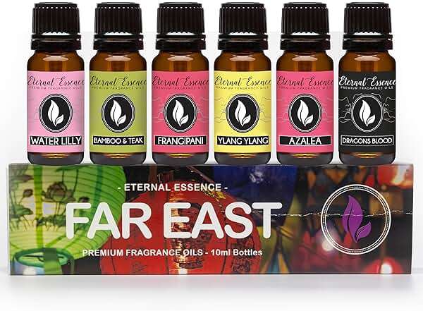 Eternal Essence Oils Far East Set of 6 Premium Fragrance Oils - Includes Water Lily, Bamboo & Teak, Frangipani, Azalea, Ylang Ylang and Dragon's Blood Scented Oils - 10ML - Image 1