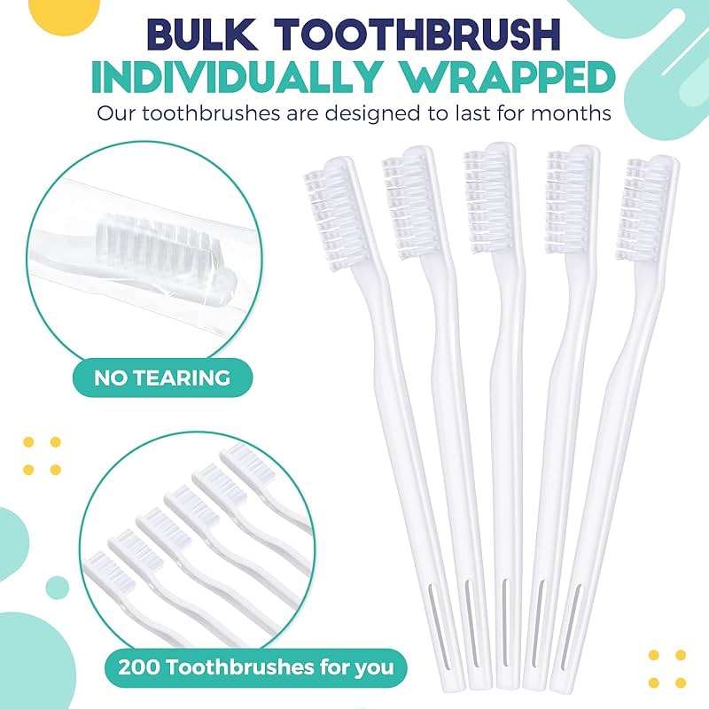 200 Pack Individually Wrapped Disposable Toothbrush Bulk Single Use Toothbrush Travel Toothbrushes Disposable Soft Bristle Adult Toothbrush Manual Tooth Brush for Women Men Hotels Guest Rooms, White - Image 2