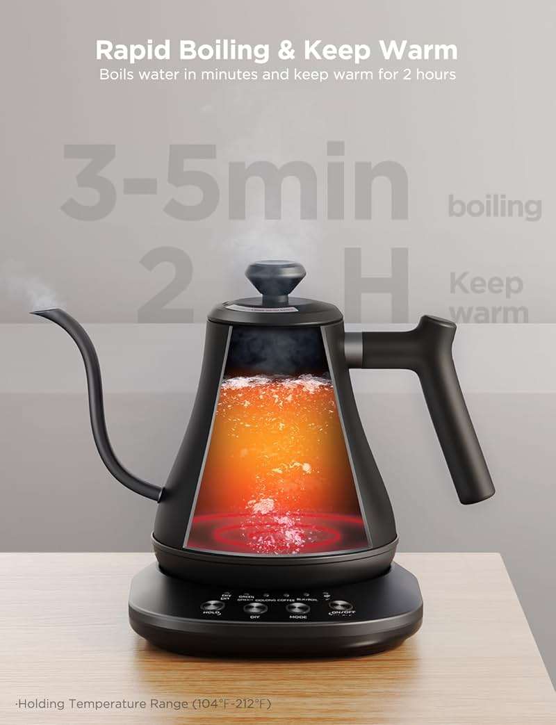 Govee Smart Electric Kettle, WiFi Variable Temperature Gooseneck Pour Over Kettle and Tea Kettle, Alexa Control, 1200W Quick Heating, 100% Stainless Steel, 0.8L, Matte Black - Image 4