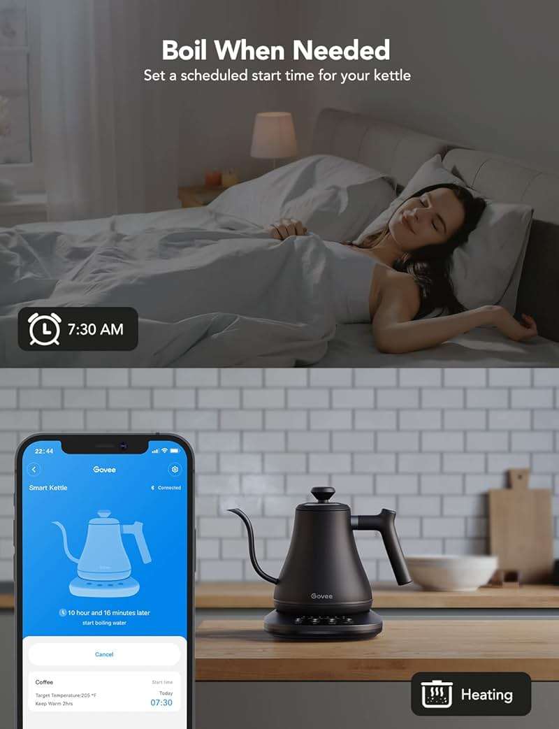 Govee Smart Electric Kettle, WiFi Variable Temperature Gooseneck Pour Over Kettle and Tea Kettle, Alexa Control, 1200W Quick Heating, 100% Stainless Steel, 0.8L, Matte Black - Image 7