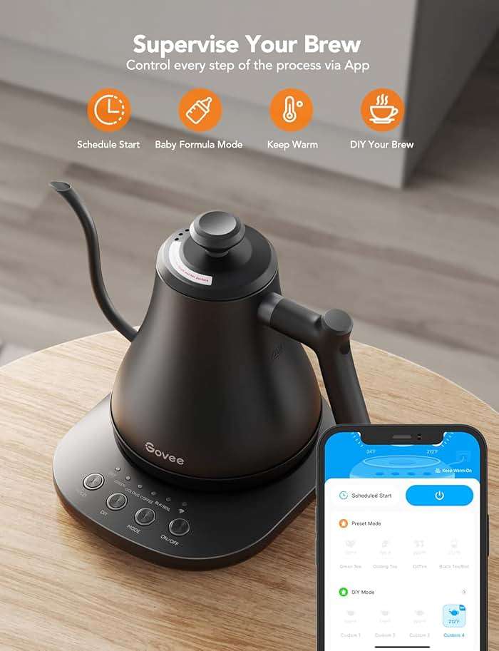 Govee Smart Electric Kettle, WiFi Variable Temperature Gooseneck Pour Over Kettle and Tea Kettle, Alexa Control, 1200W Quick Heating, 100% Stainless Steel, 0.8L, Matte Black - Image 8
