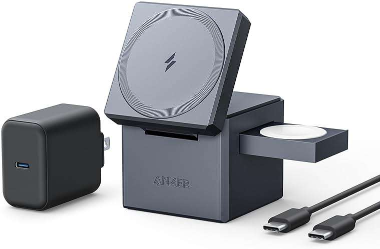 Anker 3-in-1 Cube Wireless Charger, MagSafe Charging Stand, 15W Foldable Fast Charging Station for iPhone 17/16/15, Apple Watch 1-8/Ultra, AirPods (Adapter Included, Non-Battery) - Image 1