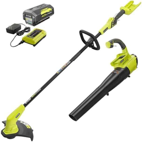 Ryobi 40V Cordless Battery Attachment Capable String Trimmer and Leaf Blower Combo Kit (2-Tools) w/ 4.0 Ah Battery & Charger - Image 1