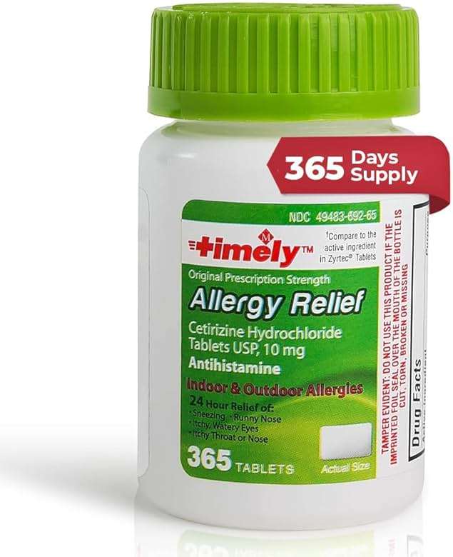 TIME-Cap Labs 365 Tablets Cetirizine HCl 10mg Allergy Relief - Antihistamine for Adults & Children Age 6+, Helps Relieve Sneezing, Runny Nose, Itchy Watery Eyes & Itchy Throat - Image 1
