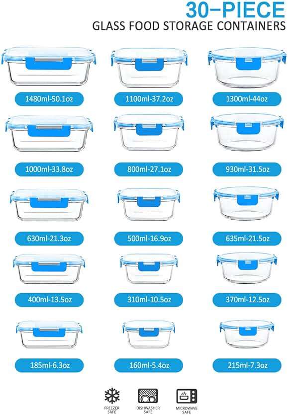 M MCIRCO 30 Pieces Glass Food Storage Containers with Upgraded Snap Locking Lids,Glass Meal Prep Containers Set - Airtight Lunch Containers, Microwave, Oven, Freezer and Dishwasher Friendly, Blue - Image 3