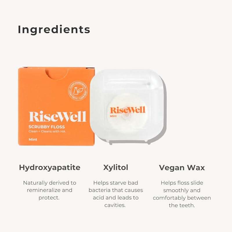 RiseWell Scrubby Tooth Floss - Natural PFAS Free Floss for Teeth with Hydroxyapatite and Xylitol - Dentist-Formulated Plaque Remover for Teeth - Vegan, Expanding Dental Flossers, Mint Waxed, 30 Yards - Image 3