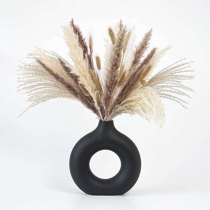CEMABT Black Donut Vase Hollow Ceramic Vase for Flowers Handmade Minimalist Boho ins Style Modern Home Decor for Wedding Dinner Table Party Living Room Office Bedroom（M - Image 1