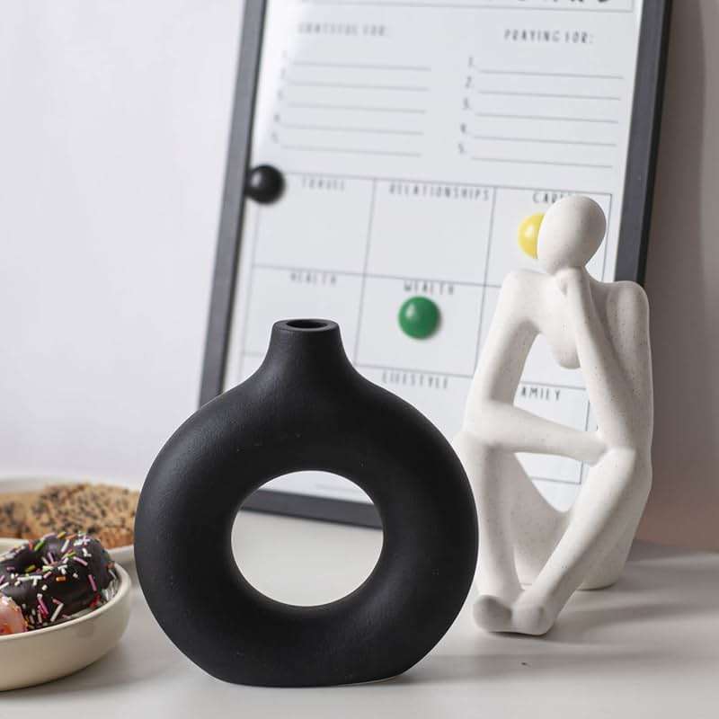 CEMABT Black Donut Vase Hollow Ceramic Vase for Flowers Handmade Minimalist Boho ins Style Modern Home Decor for Wedding Dinner Table Party Living Room Office Bedroom（M - Image 2