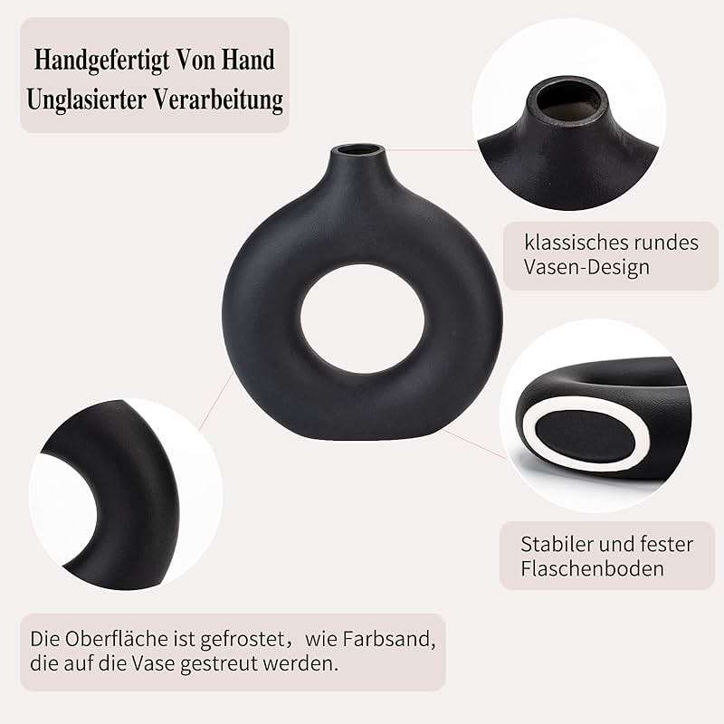 CEMABT Black Donut Vase Hollow Ceramic Vase for Flowers Handmade Minimalist Boho ins Style Modern Home Decor for Wedding Dinner Table Party Living Room Office Bedroom（M - Image 4