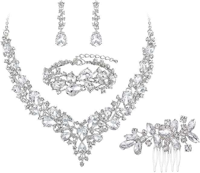 BriLove Wedding Bridal Jewelery for Women Austrian Crystal Teardrop Cluster Statement Necklace Dangle Earrings Link Bracelet Set - Image 1