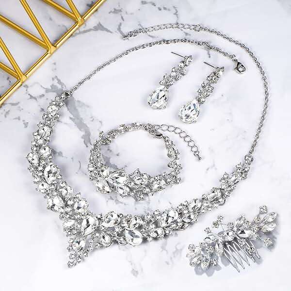 BriLove Wedding Bridal Jewelery for Women Austrian Crystal Teardrop Cluster Statement Necklace Dangle Earrings Link Bracelet Set - Image 4