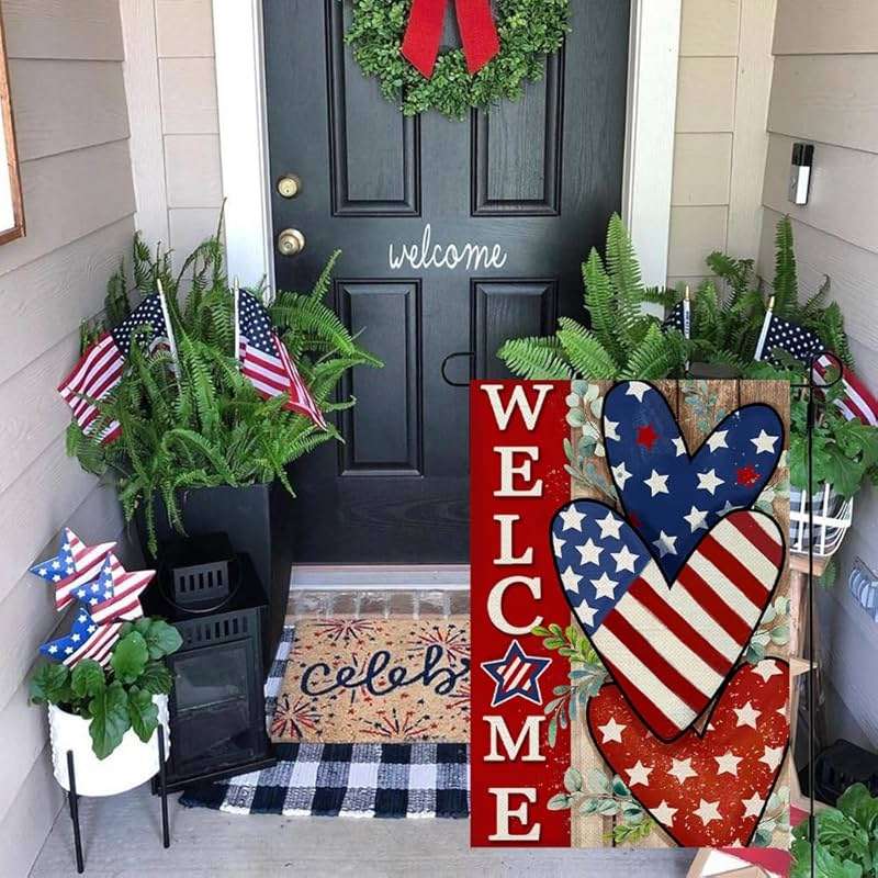 CROWNED BEAUTY 4th of July Patriotic Welcome Garden Flag 12x18 Inch Double Sided USA Flag Hearts Blue Red Memorial Day Independence Day Outside Yard Party Decoration - Image 2