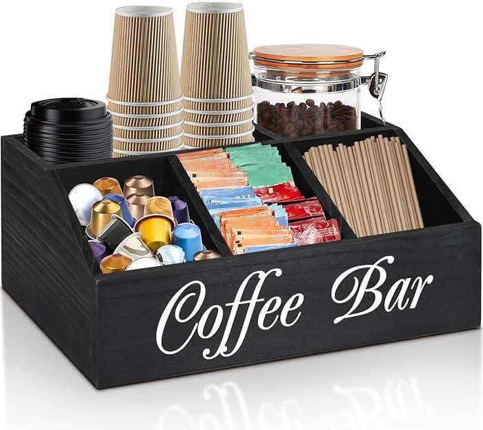 ugiftt Coffee Station Organizer for Counter, Wood Coffee Pods Holder Storage Basket, Tea Condiment Storage Organizer, Rustic Coffee Bar Decor for Coffee Accessories Organizer - Image 1