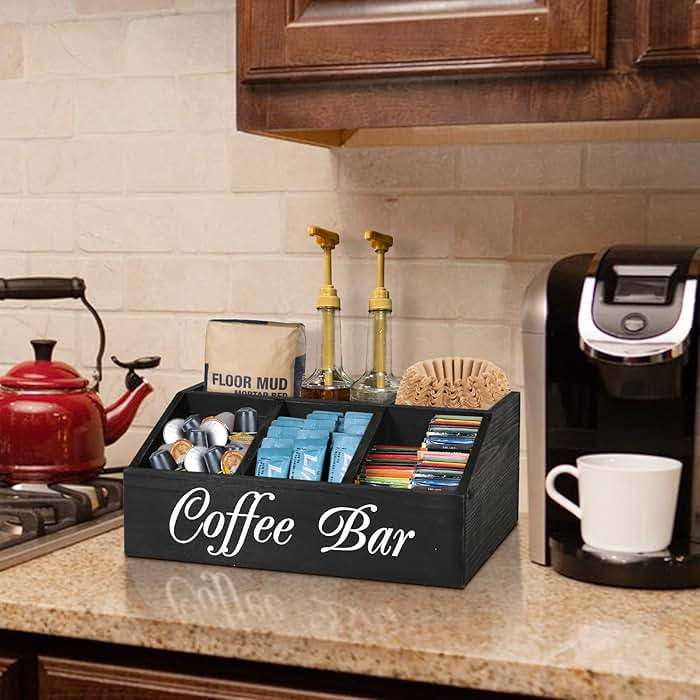 ugiftt Coffee Station Organizer for Counter, Wood Coffee Pods Holder Storage Basket, Tea Condiment Storage Organizer, Rustic Coffee Bar Decor for Coffee Accessories Organizer - Image 2