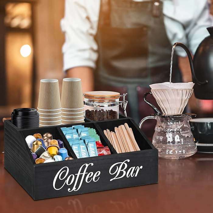 ugiftt Coffee Station Organizer for Counter, Wood Coffee Pods Holder Storage Basket, Tea Condiment Storage Organizer, Rustic Coffee Bar Decor for Coffee Accessories Organizer - Image 4