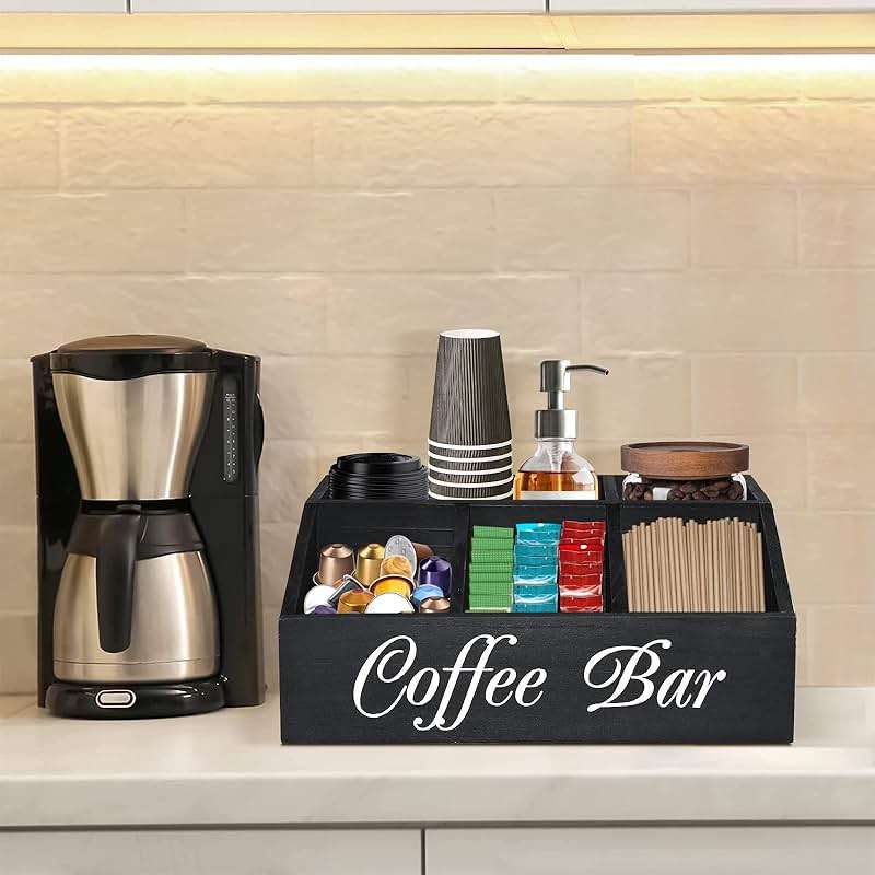 ugiftt Coffee Station Organizer for Counter, Wood Coffee Pods Holder Storage Basket, Tea Condiment Storage Organizer, Rustic Coffee Bar Decor for Coffee Accessories Organizer - Image 5